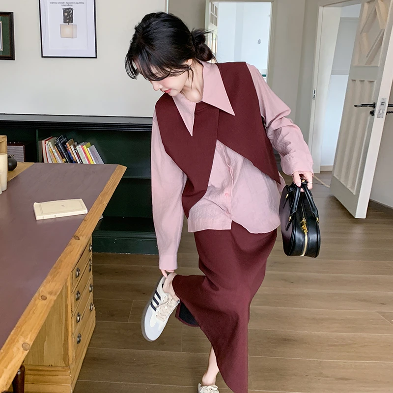 2025春秋季法式气质减龄轻熟风套装衬衫针织马甲高腰半身裙三件套