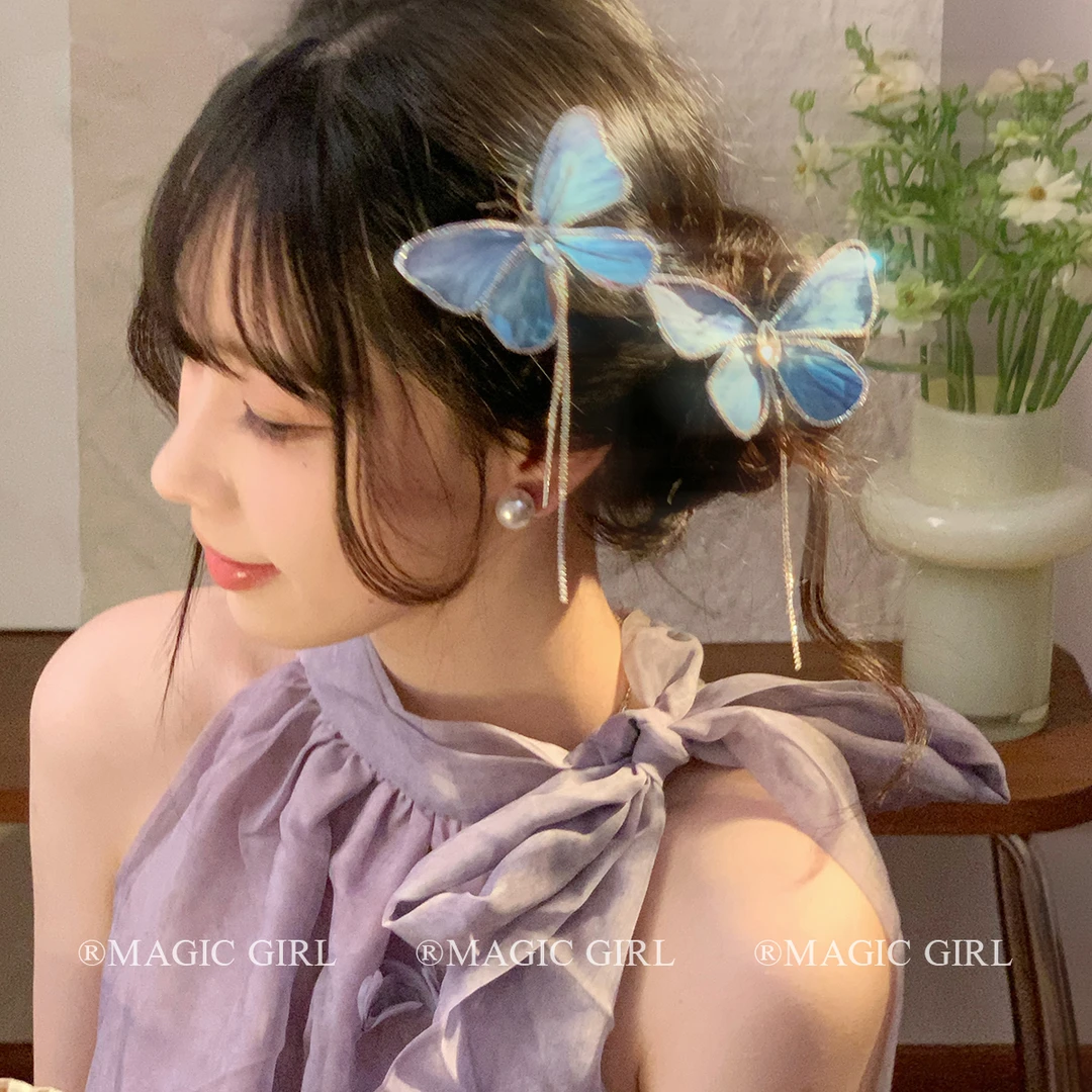 超仙梦幻蝴蝶水钻流苏发夹精致感拍照装饰夹子发饰高级感边夹头饰