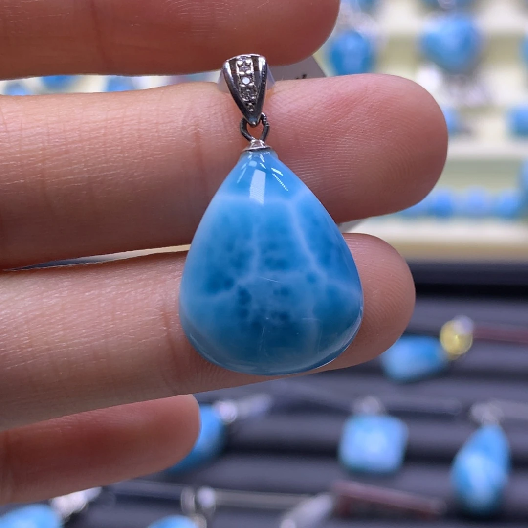 针钠钙石（海纹石）银S925镶嵌吊坠(不含链)水滴吊坠色差略异