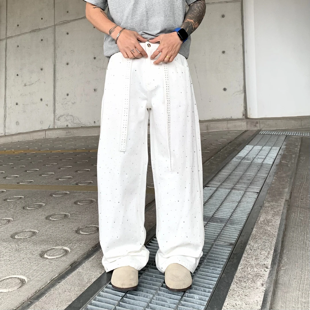 25秀款腰带全裤满天星镶钻牛仔裤男款设计感潮牌高级感宽松阔腿裤