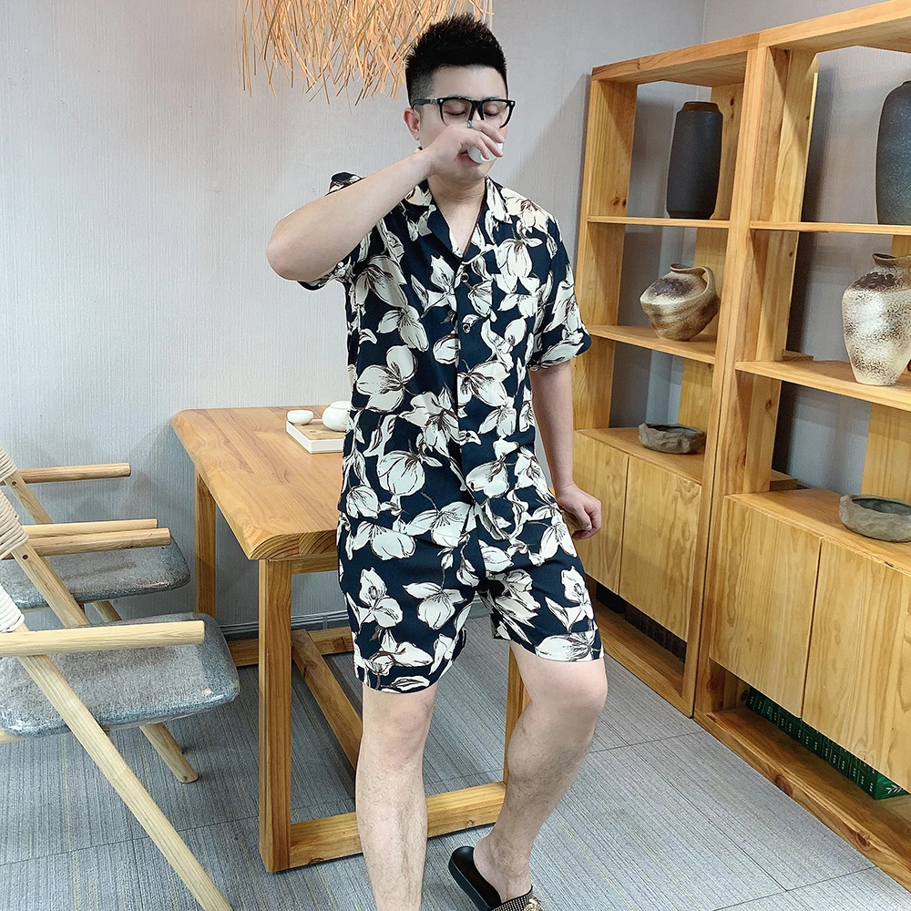 男士大码休闲短袖短裤睡衣套装夏季薄款丝滑高品质可外穿家居服潮