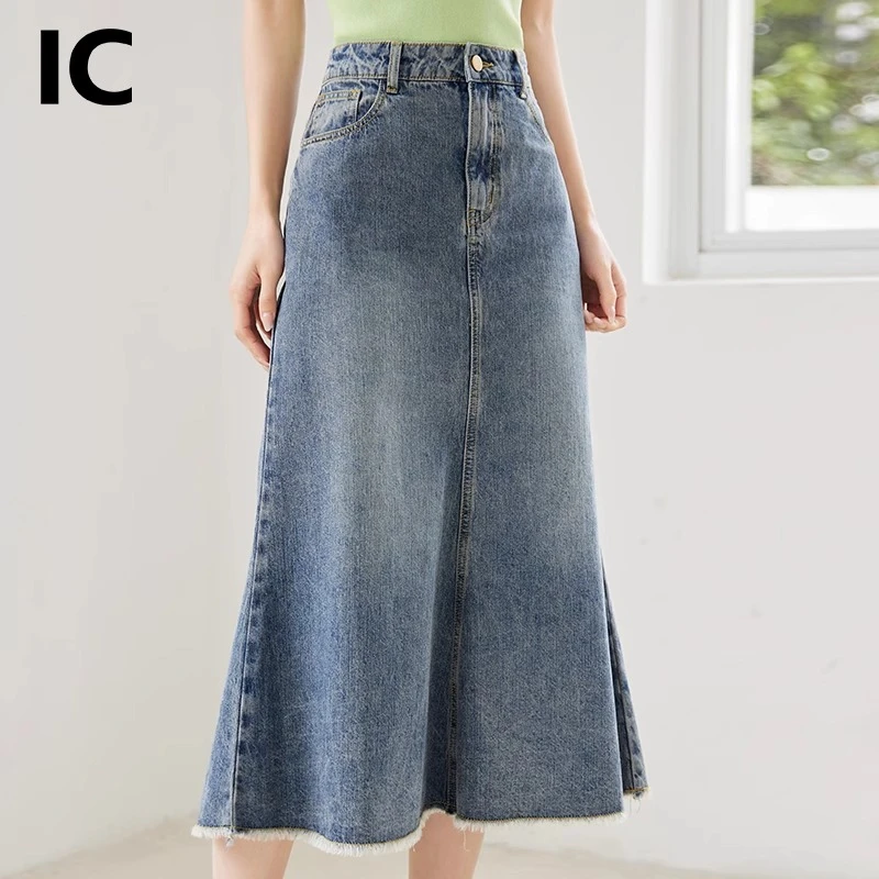 IC 复古中长款鱼尾毛边牛仔半身裙女2025新款夏休闲通勤气质a字裙