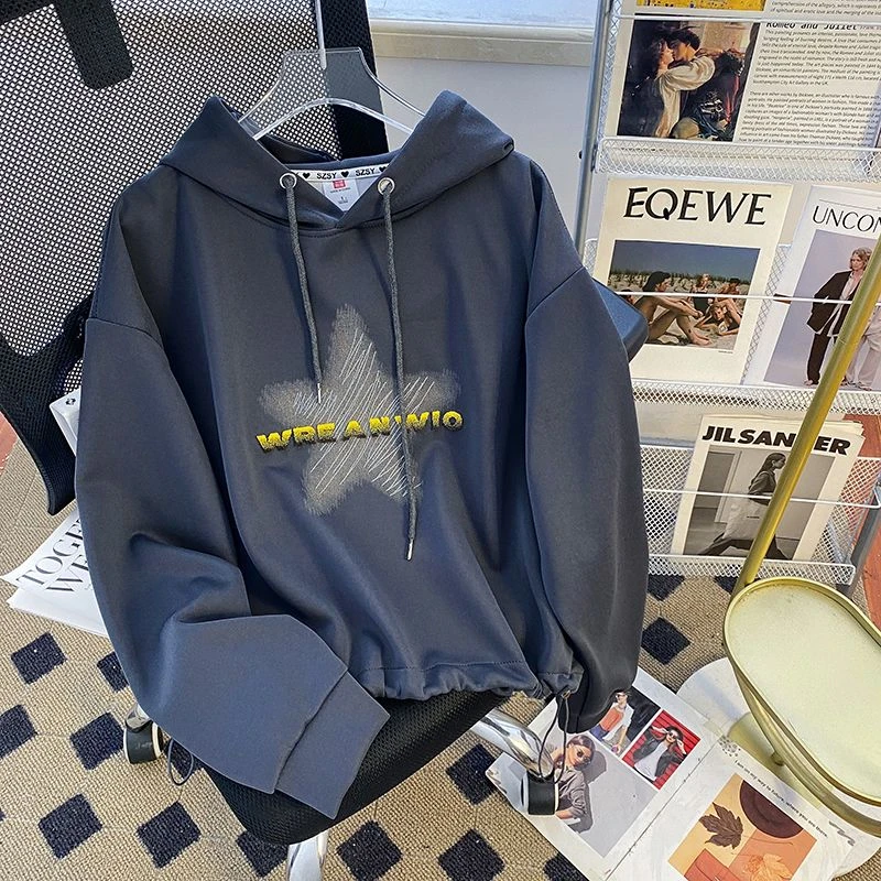 大码慵懒风连帽卫衣男女美式潮牌秋冬季字母刺绣下摆抽绳遮肚上衣