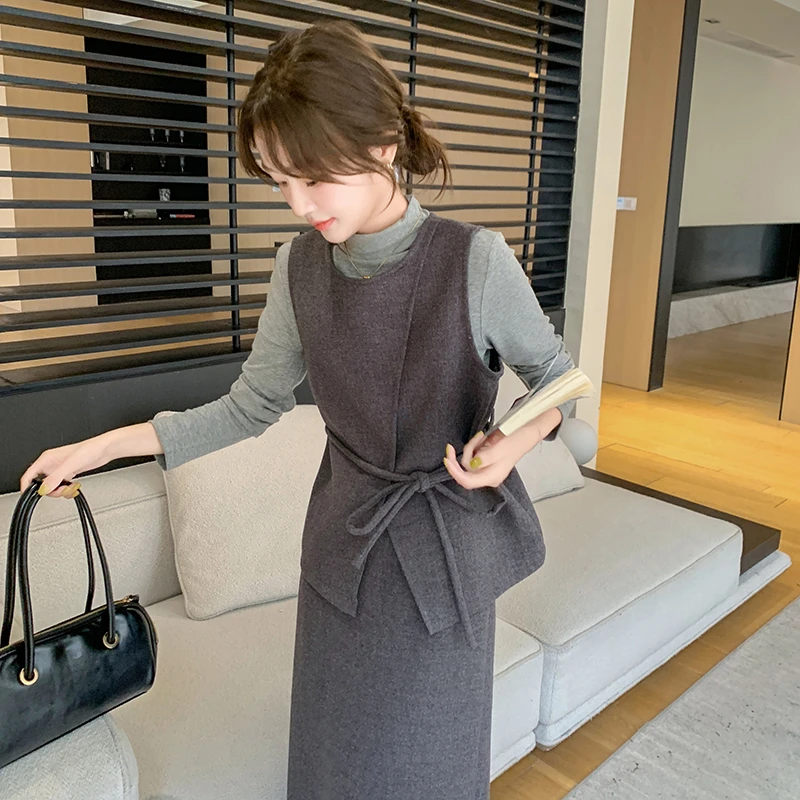 不规则毛呢马甲半身裙套装2025新款女秋轻熟风大方得体裙子三件套