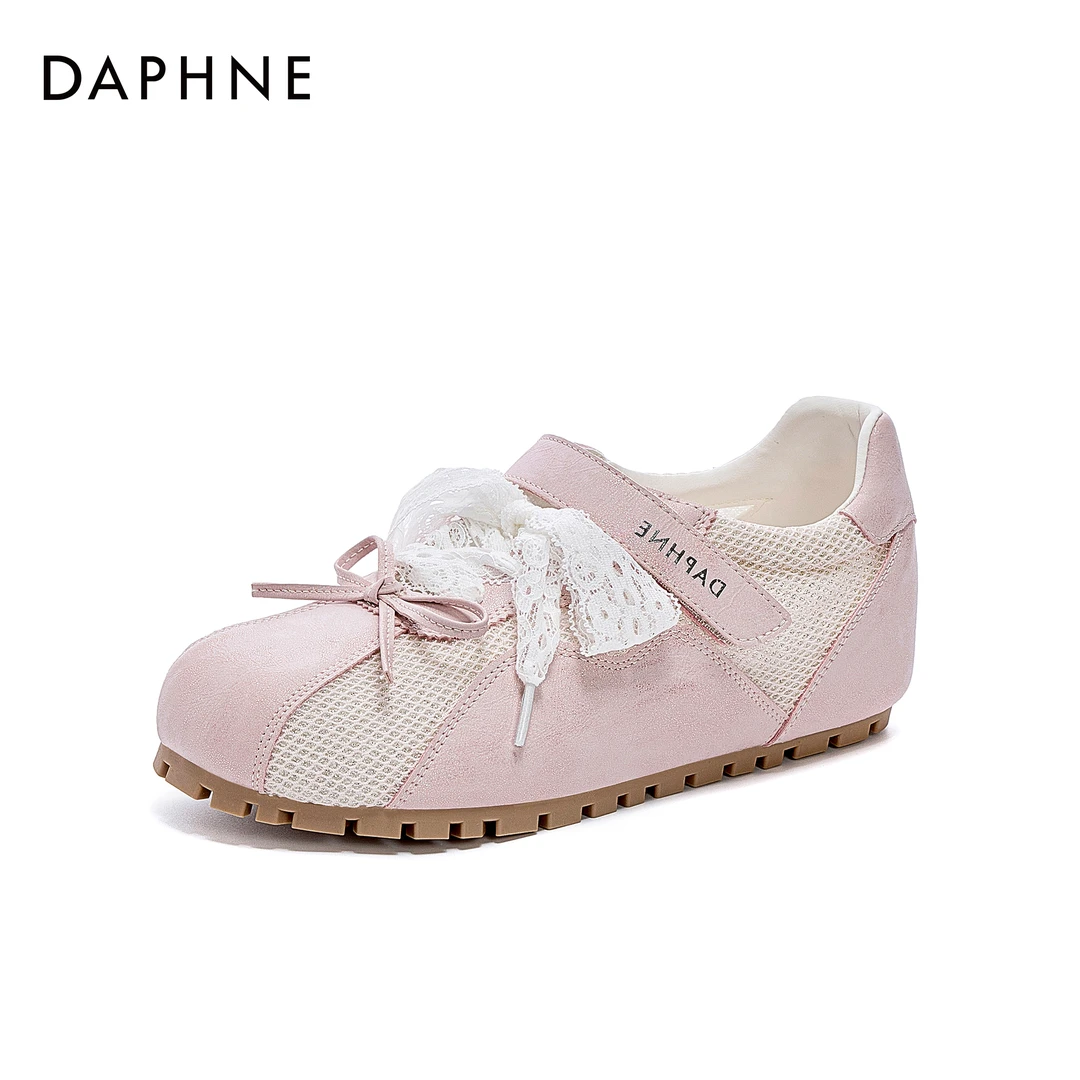 达芙妮2025春夏时尚休闲鞋粉色绸缎带德训鞋复古百搭透气平底浅口
