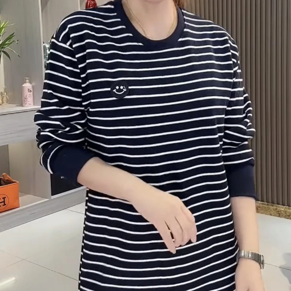 长袖条纹中长款笑脸小标显瘦T恤显瘦韩版秋冬打底衫