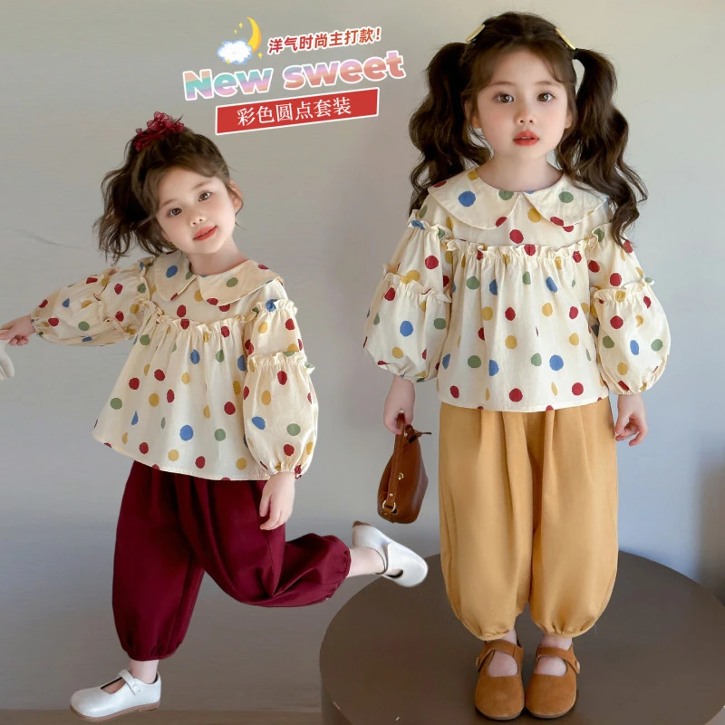 女童彩色圆点蝴蝶结套装2025秋季新款儿童韩版时尚小女孩两件套潮