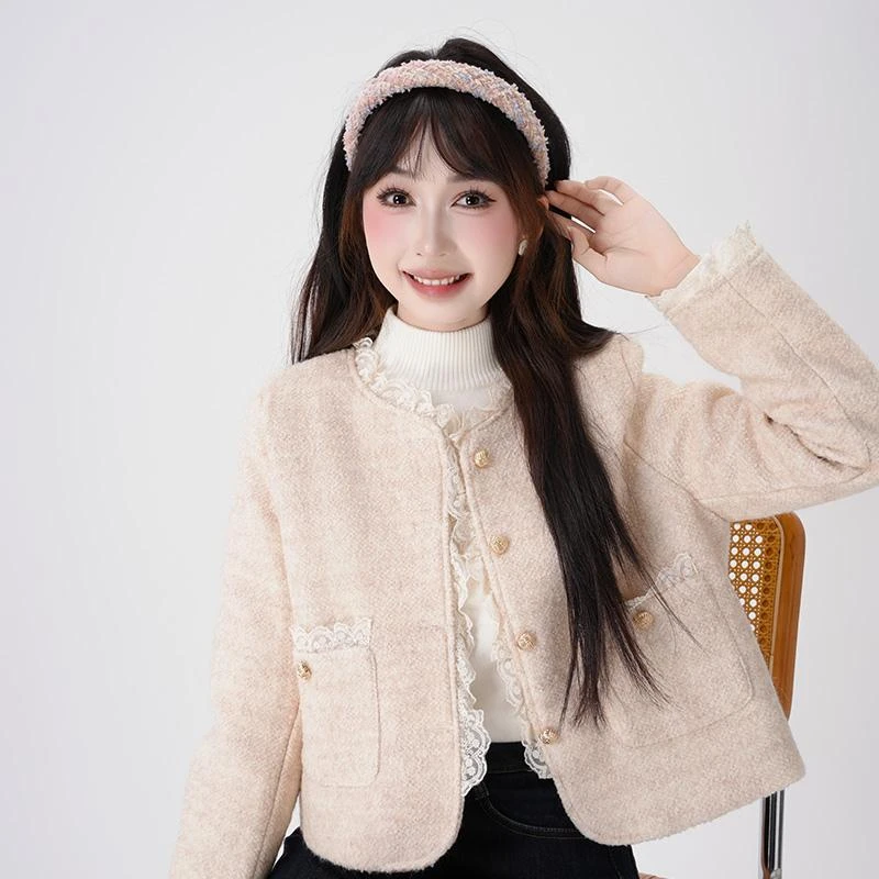 慕兔法式蕾丝花边小香风外套女2024新款冬季气质名媛粉色短款上衣