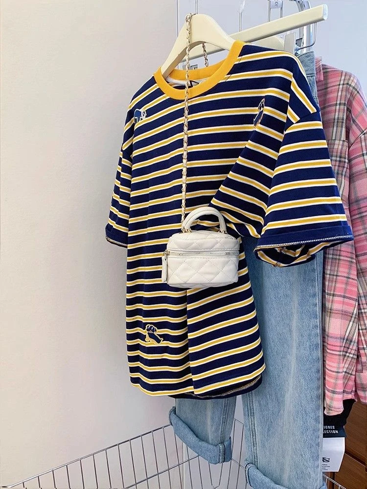 美式复古条纹短袖t恤女2025新款夏季刺绣设计感女夏装宽松体恤衫