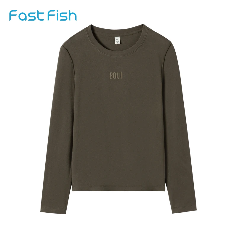 快鱼2024秋冬新款内搭保暖圆领上衣女简约刺绣字母ins休闲百搭T恤