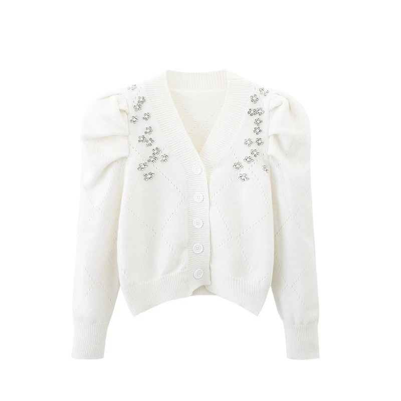 2025春季新品设计感V领单排扣镶钻长袖针织开衫小香风上衣女