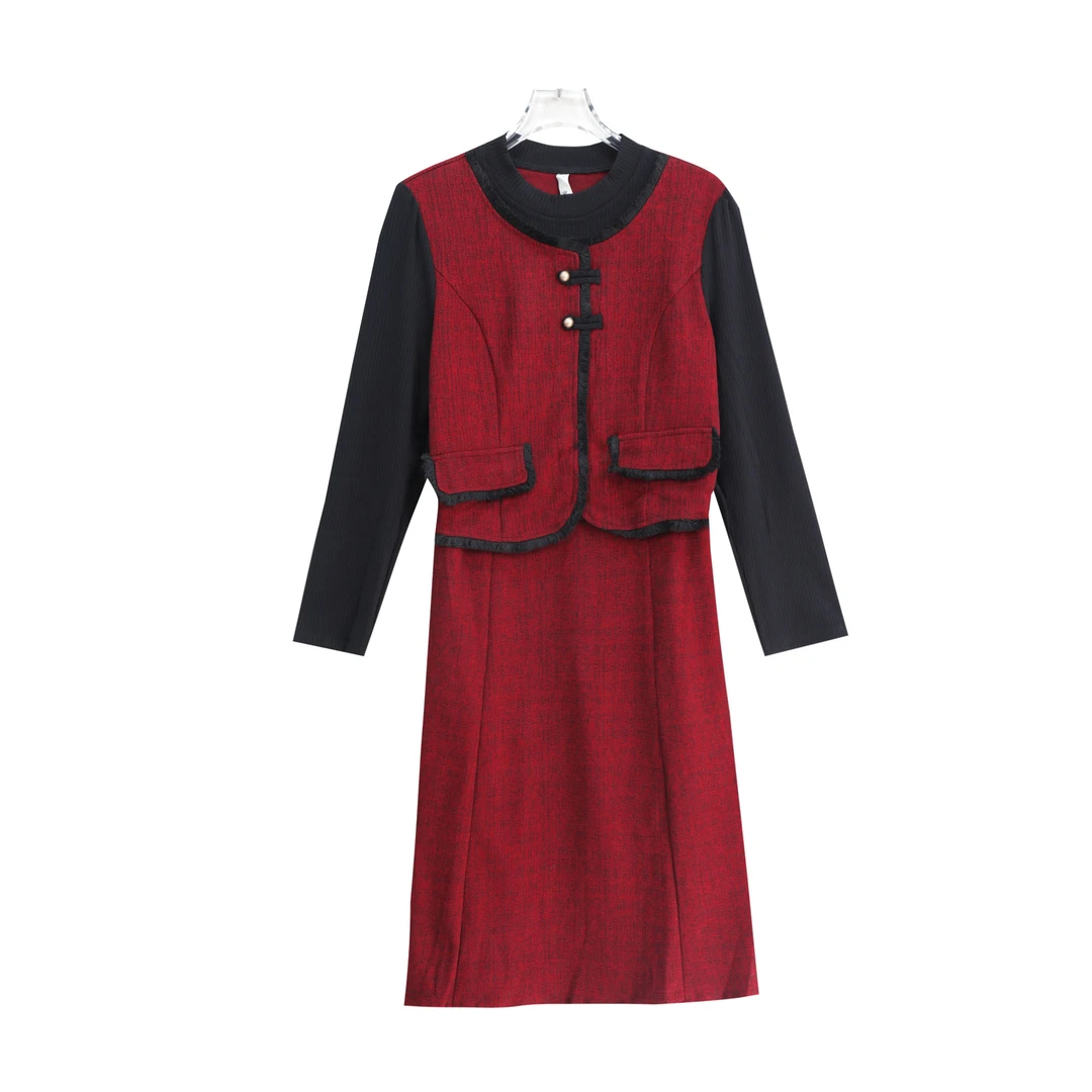 新中式拼接假两件收腰复古高级感连衣裙S2886