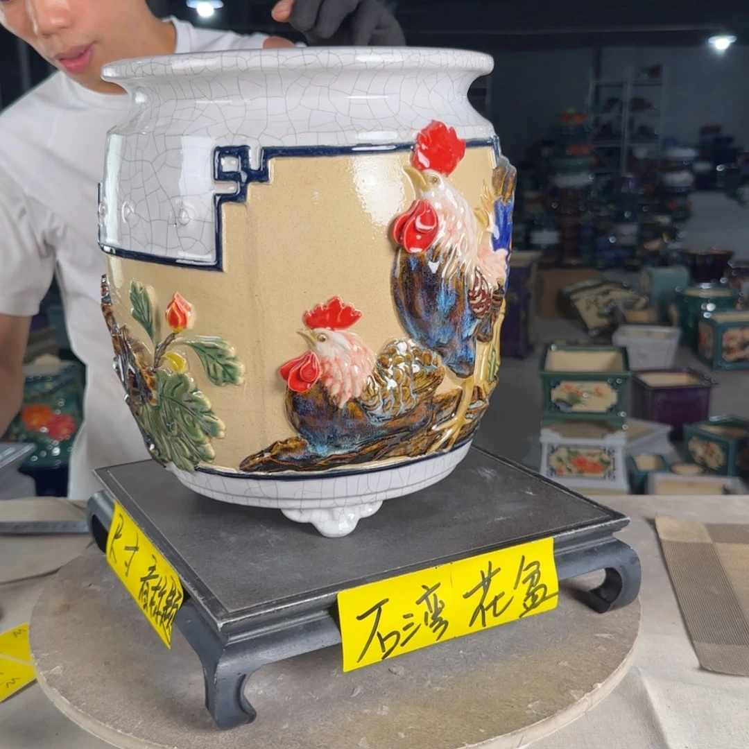 一风堂石湾花盆  内20*27烧窑痕迹 蓝点