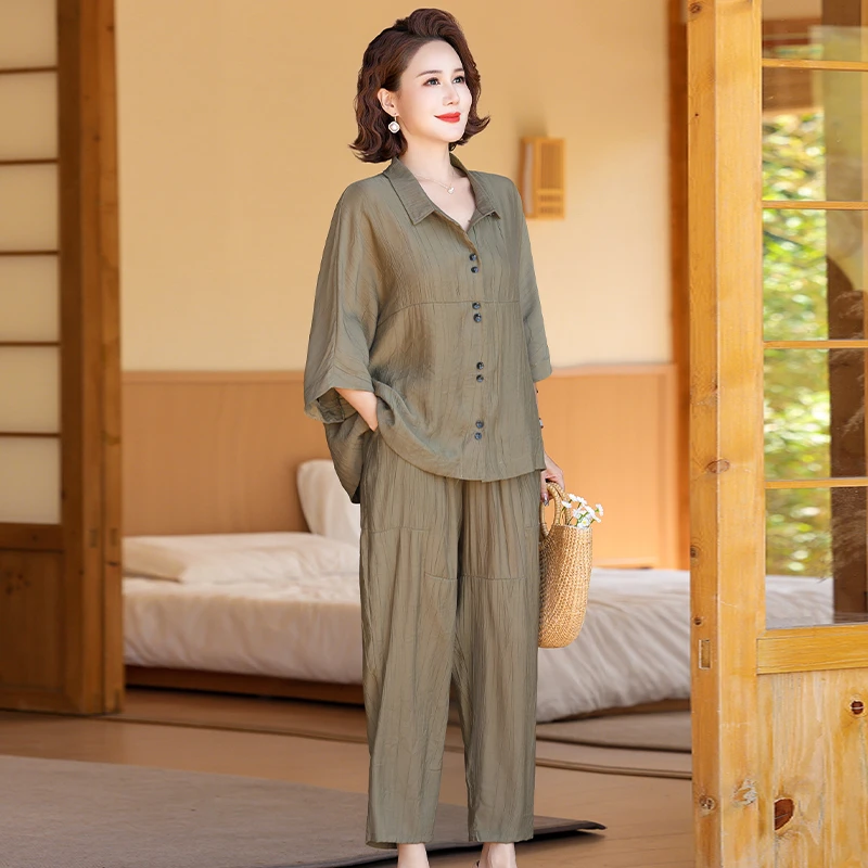 母亲节夏装休闲舒适套装中年女装短袖上衣大码中老年人妈妈装夏季