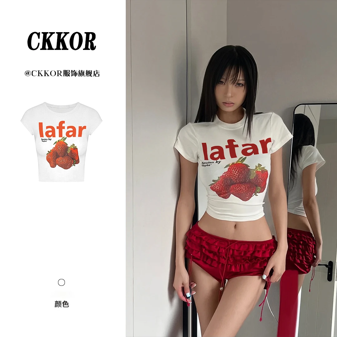 CKKOR夏季修身显瘦短款女t恤短袖正肩辣妹纯欲风字母印花小众上衣