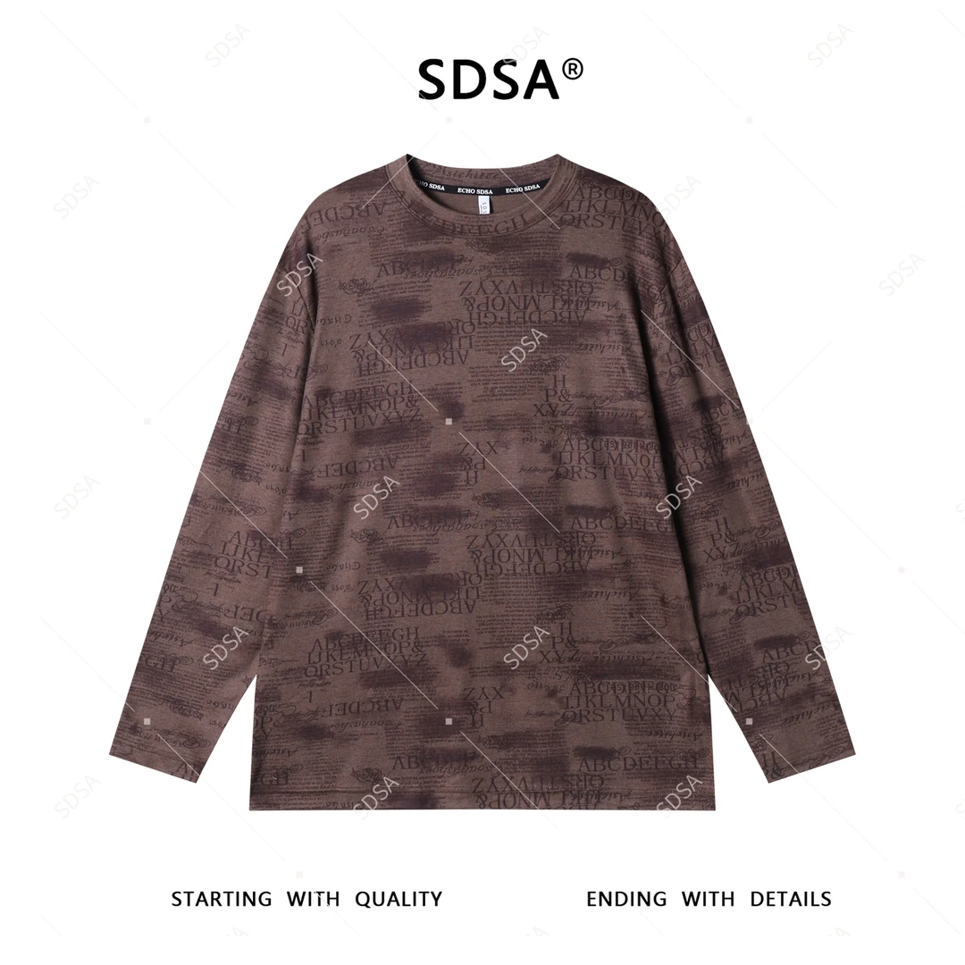 SDSA秋季新款男士痞帅美式扎染满印字母圆领长袖T恤复古百搭上衣