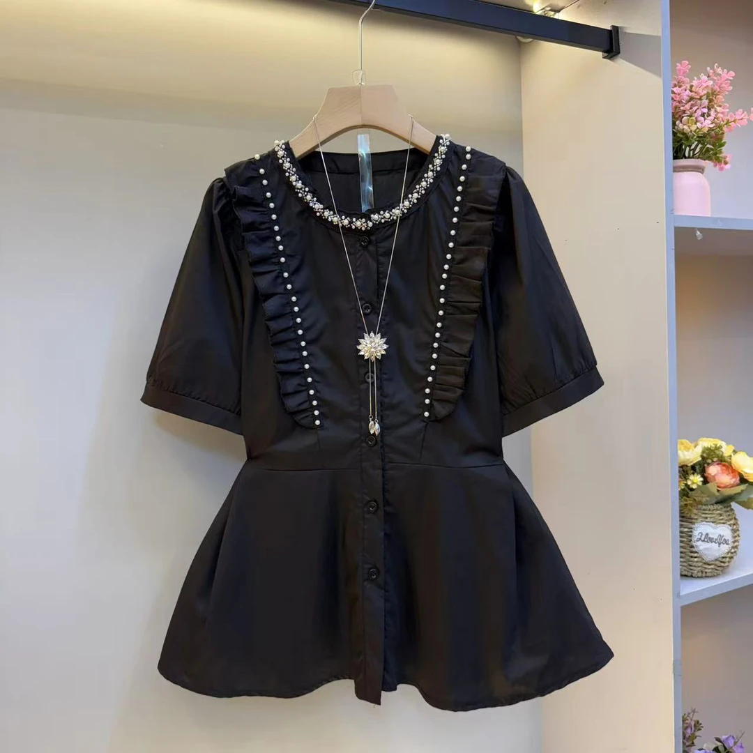 欧货2025夏新款重工钉珠木耳边洋气减龄大码女装时尚衬衫