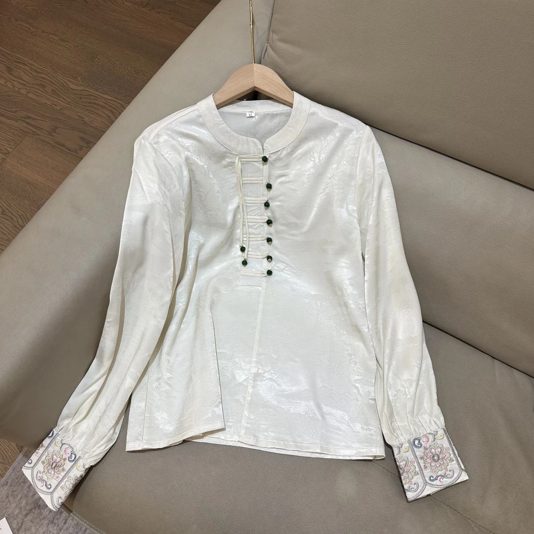 新中式立领衬衫纽扣刺绣袖口长袖衬衫