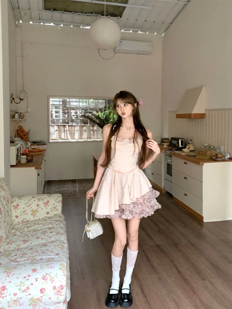 纯欲风夏季显瘦蝴蝶结新款公主甜美裙子吊带收腰花苞连衣裙短裙