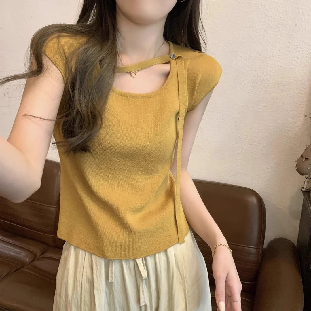 温柔气质夏季法式方领系带设计感冰丝针织短袖t恤辣妹短款薄上衣