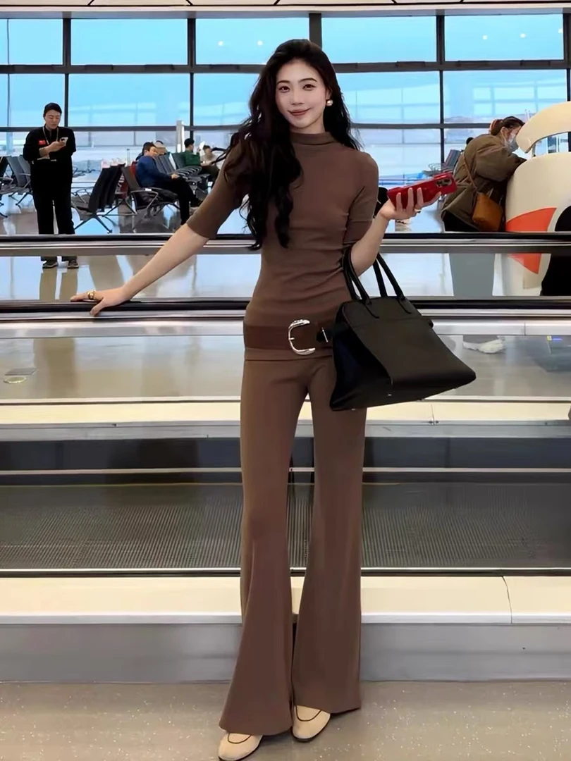 轻熟修身半高领打底T恤上衣高腰微喇叭长裤休闲拖地裤子套装女夏