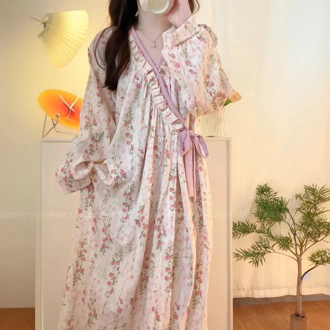 短袖系带睡袍女夏季裙子显瘦印花碎花甜美温柔复古宽松睡衣家居服