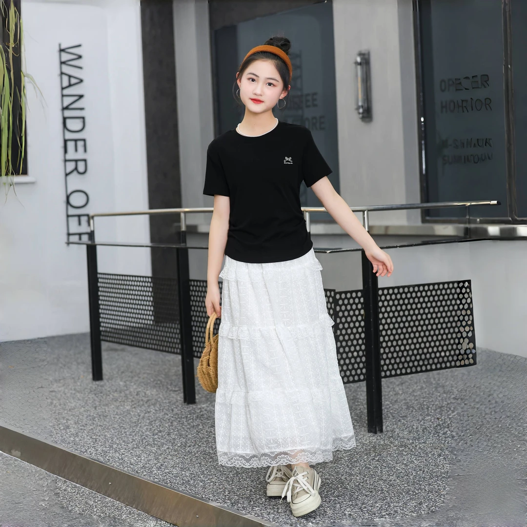 女童白色蕾丝半身裙中大童女孩洋气甜美长裙儿童百褶中长款蛋糕裙