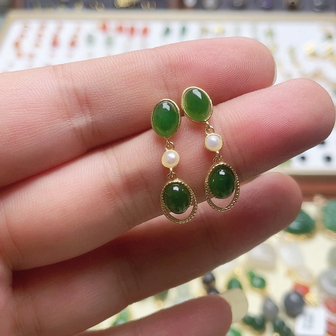 和田玉银S925镶嵌耳饰