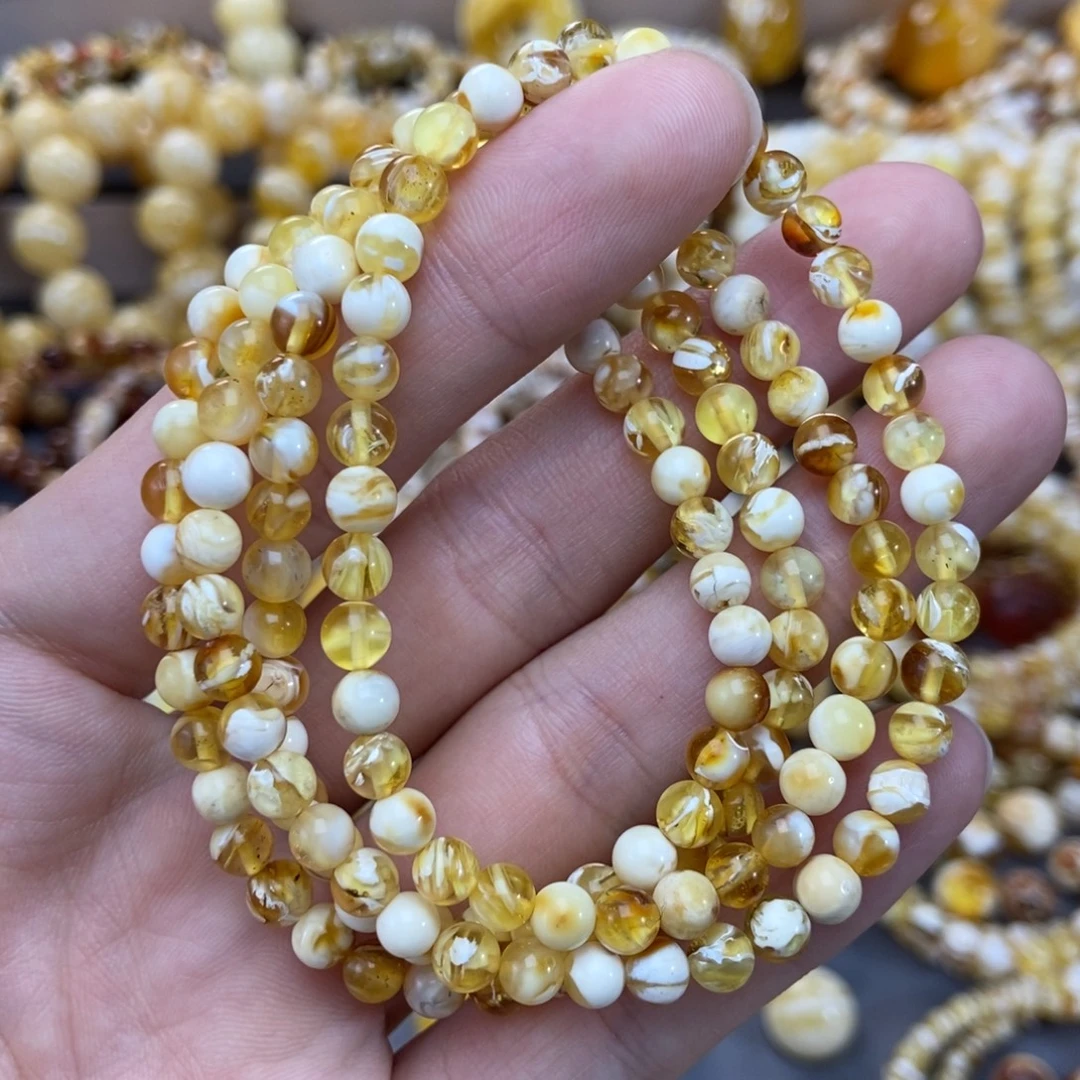 琥珀未镶嵌手链5+mm尺寸金漆白拉丝溶洞