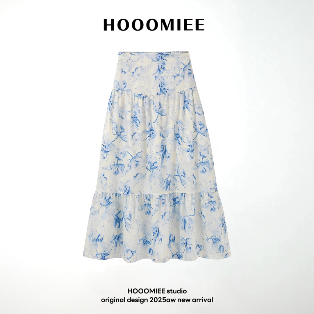 Hooomiee法式清新甜美蓝色花卉印花长款半身裙女071