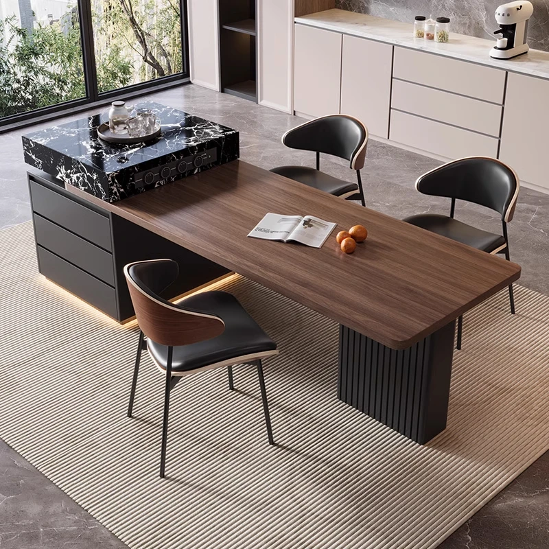 意式实木岛台餐桌一体伸缩家用中岛台中古风定制木纹岩板岛台餐桌