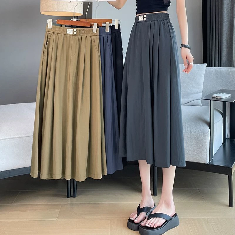 速干冰丝薄款半身裙女夏季2025新款高腰a字显瘦百褶中长款山本裙