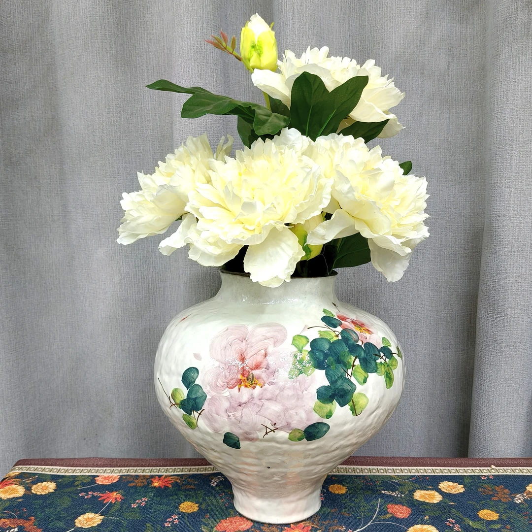 (口10cm高25.5cm）艺术感五彩牡丹月亮罐花瓶高档客厅插花陶瓷