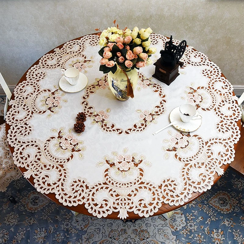 中式美式大圆桌布布艺刺绣镂空转盘茶几餐桌盖巾盖布家用防尘桌垫