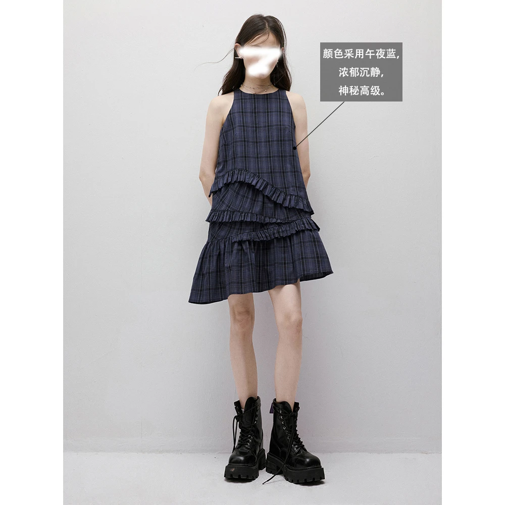 break rules打破规则 乱序荷叶边 少女时尚宽松午夜蓝格纹连衣裙