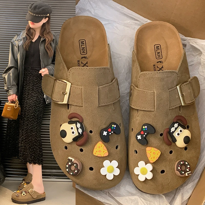 夏季半拖女复古博肯鞋小众设计圆头洞洞厚底透气百搭外穿女鞋单鞋