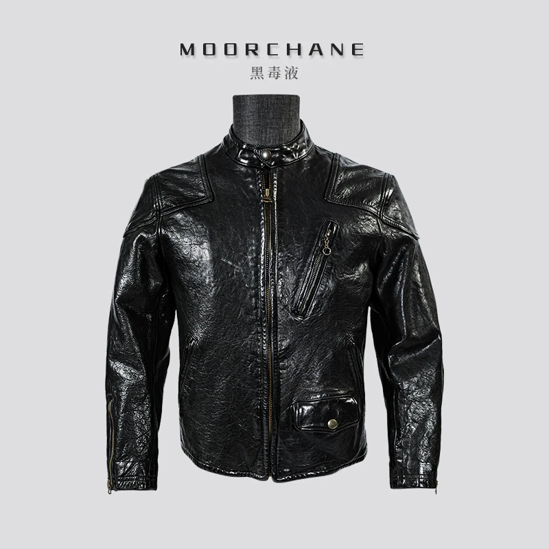 莫臣男装黑毒液马皮立领机车皮衣无涂层美式复古休闲短款MP2204