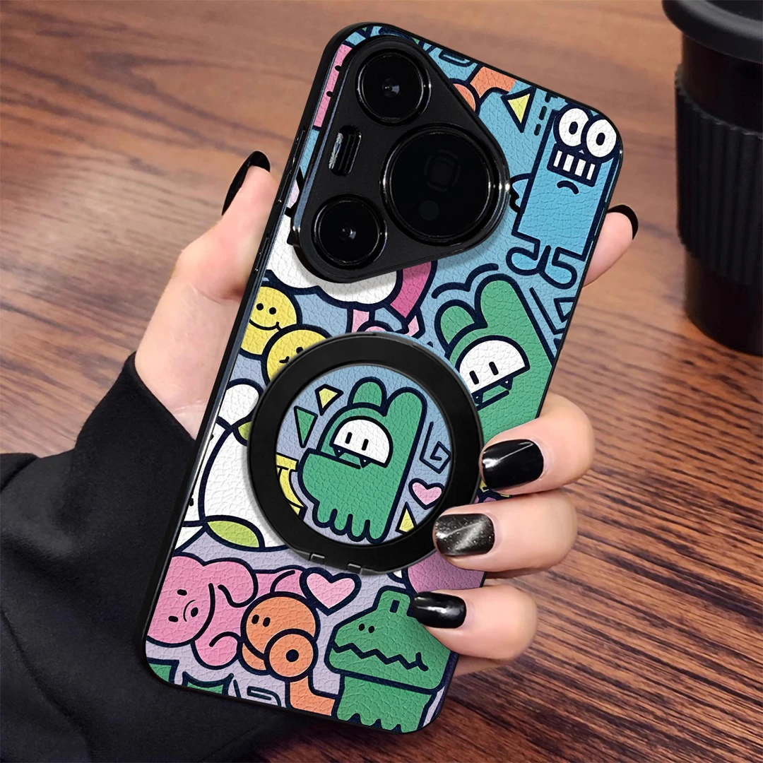 360旋转支架适用于华为pura80pro手机壳小羊皮绿色涂鸦男女高级感