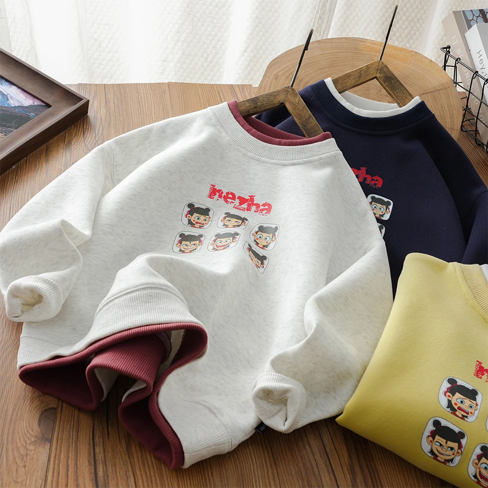 男童春季新款哪吒表情印花假两件卫衣中大童儿童休闲上衣25C44