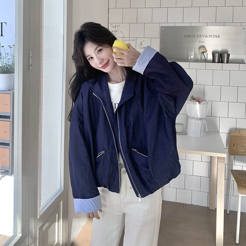 藏青色设计感撞色袖口休闲时尚外套女2025春新款简约宽松显瘦上衣