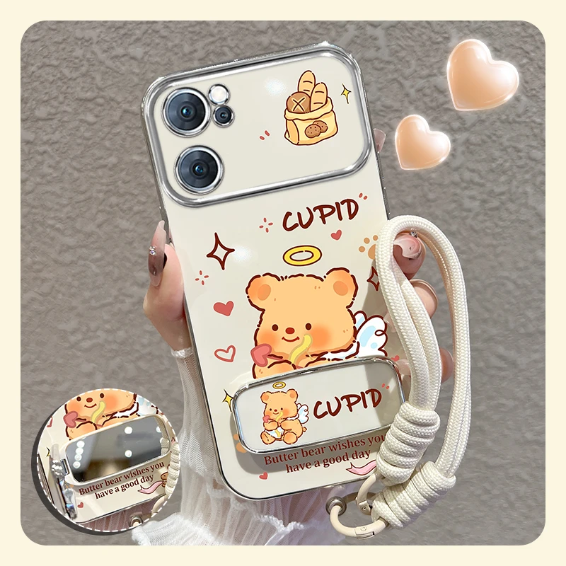 适用oppoa57 5g手机壳大视窗黄油小熊镜子支架硅胶防摔软女款可爱
