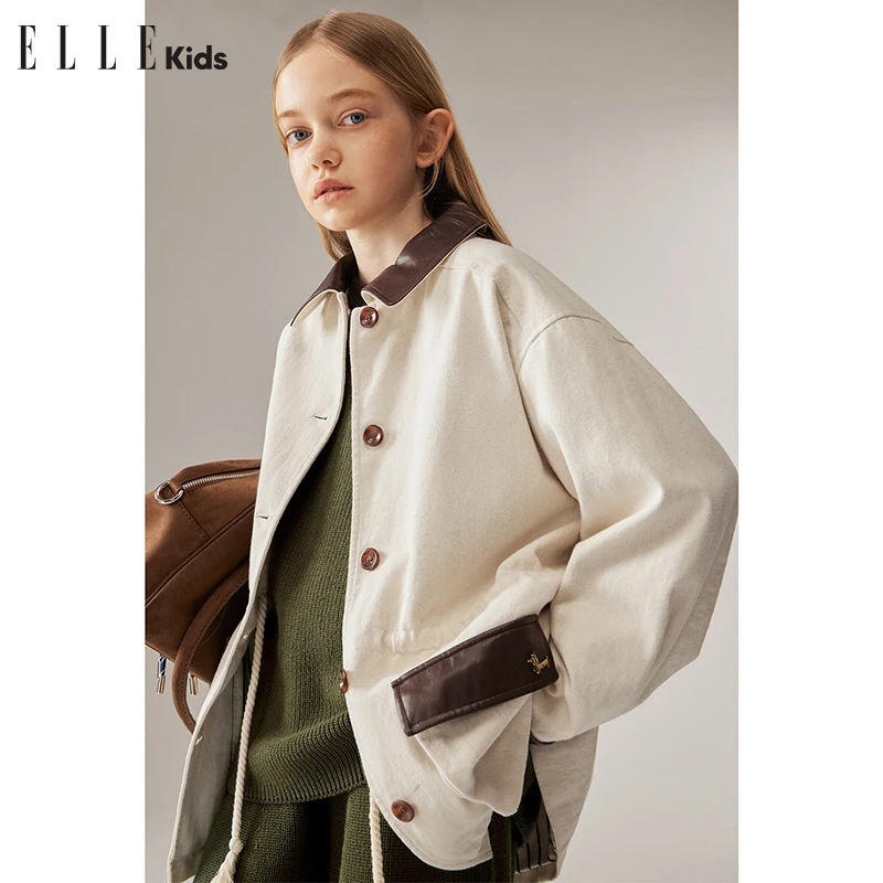 ELLE KIDS 巴恩风撞色风衣外套女童秋季新款拼接复古时髦上衣Q1