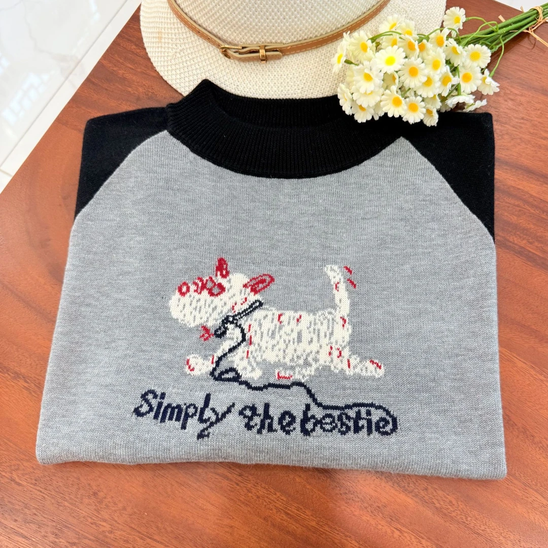 【桑蚕丝羊毛】卡通小狗插肩袖半高领提花针织女装打底衫毛衣853X