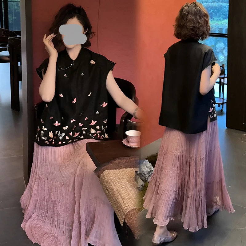 新中式国风穿搭套装裙女2025初夏穿搭蝴蝶无袖上衣半身裙两件套裙