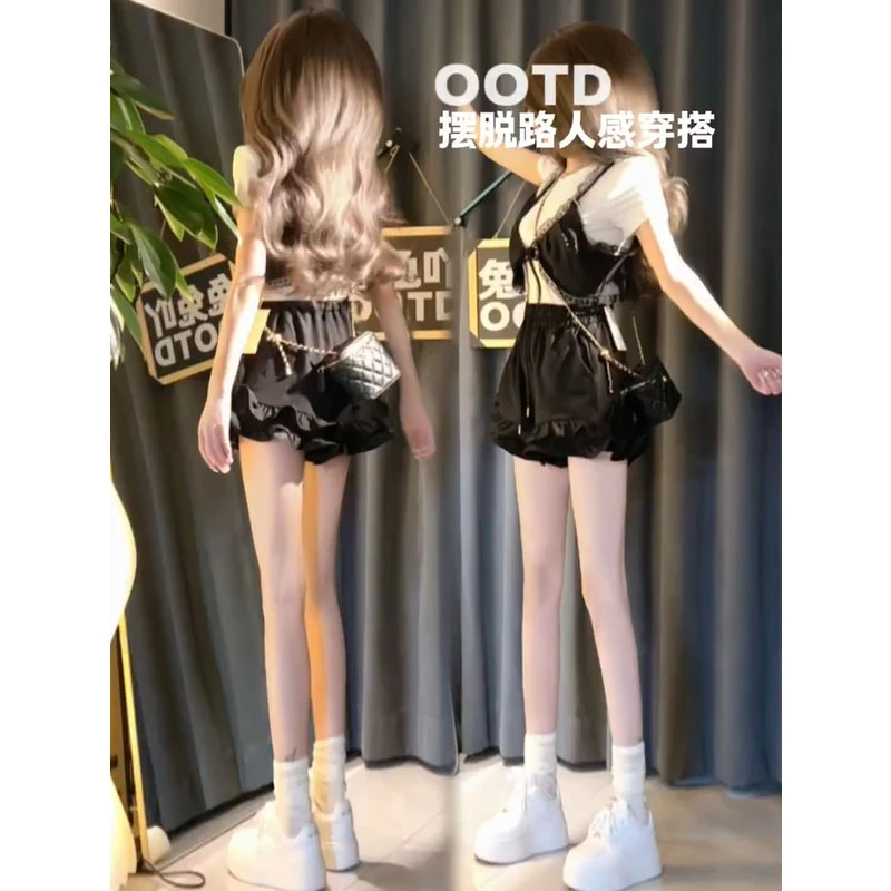 2025夏季新款韩版时尚圆领短袖叠穿蕾丝吊带抽绳木耳边短裤三件套