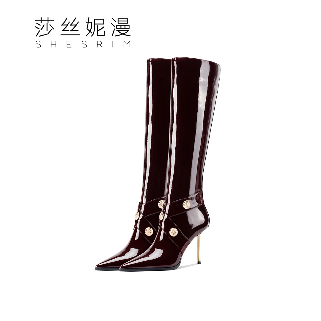229-【巴曼风】漆皮高跟长筒靴女冬季新款尖头细跟骑士靴长靴