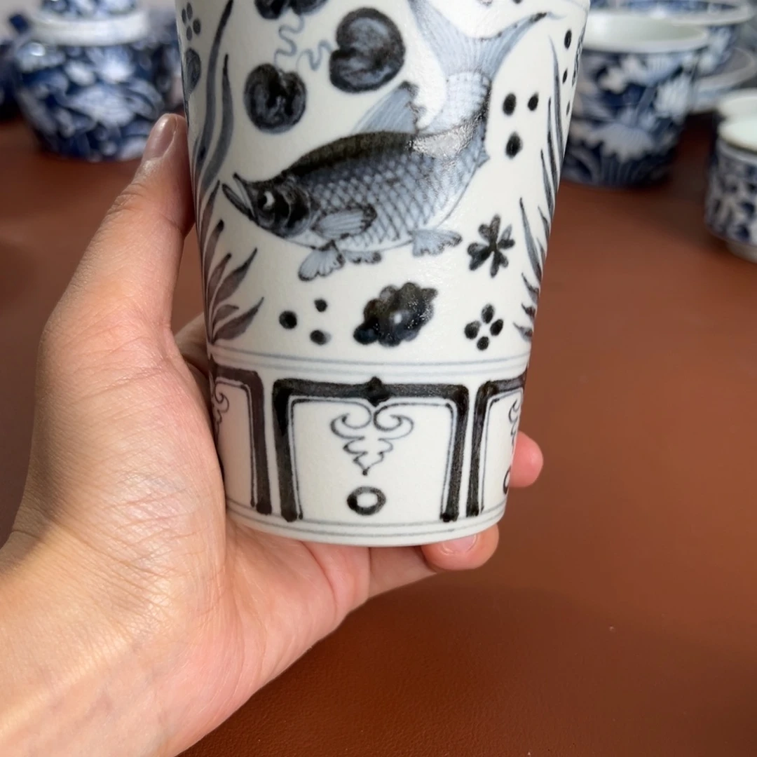 景德镇纯手工手绘鱼藻可乐杯
