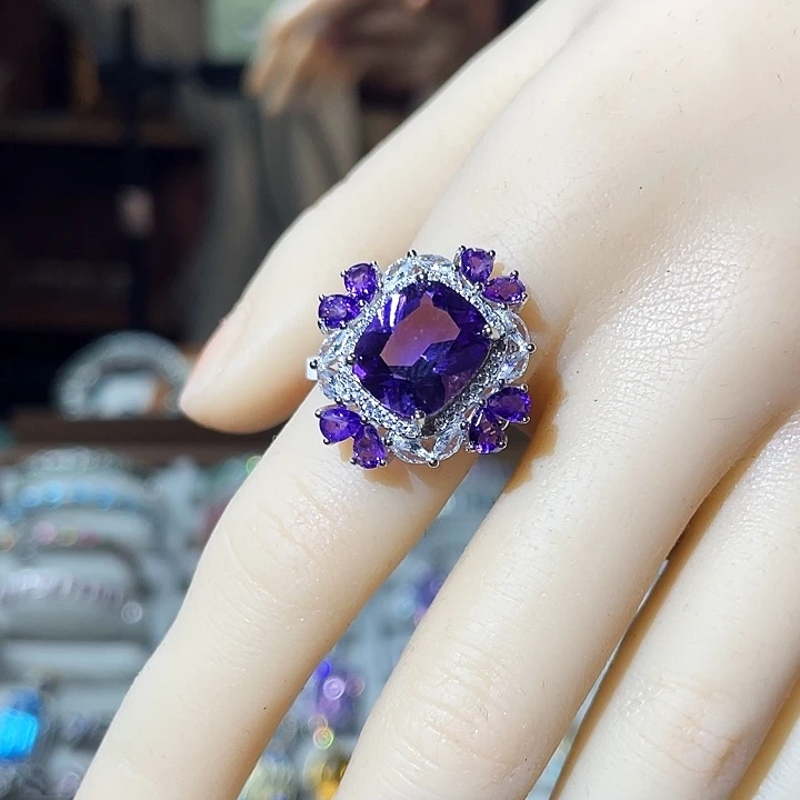 紫晶戒指银S925镶嵌巴西紫