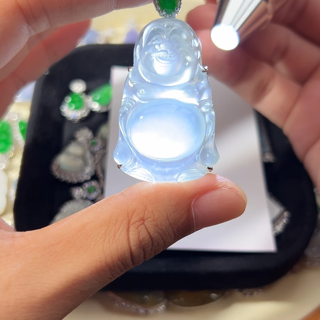 翡翠18K金镶嵌颈饰高冰起光厚装饱满站佛毛衣链