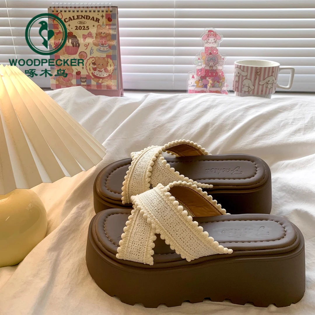 啄木鸟时尚厚底增高拖鞋女外穿2025年夏季新款波西米亚风沙滩凉鞋